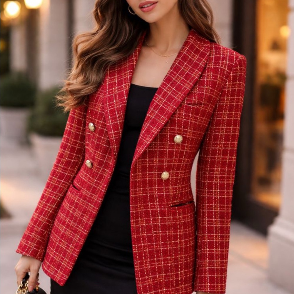 Elegant Red Plaid Women's Blazer